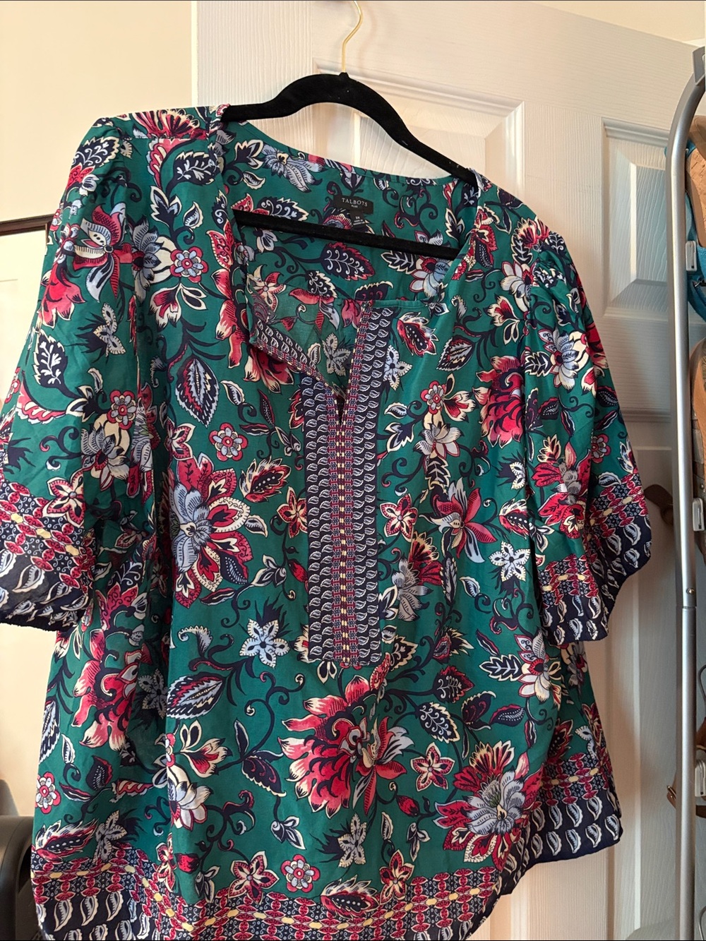 Talbots Teal Floral Embroidered Peasant Blouse